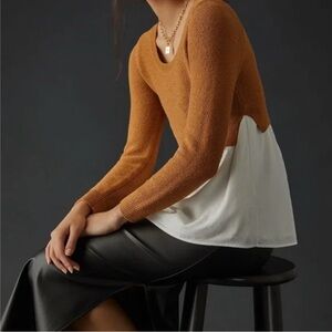 Anthropologie Tan and Cream Scoop Neck Sweater